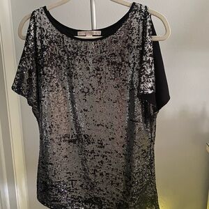 Boston Proper Black and Silver Sequin Blouse… 👚 slits shoulder
